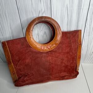Suede Tooled Leather Handbag Floral Vintage Boho Red Brown